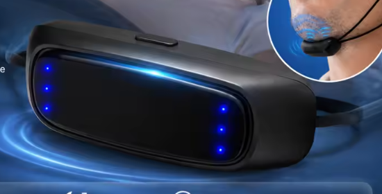 Dispositivo antirronquidos DuermeZen en negro con indicadores LED azules